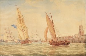 Tre krigssluper og en fiskesmell går inn i havn, Portsmouth, ca. 1800-30